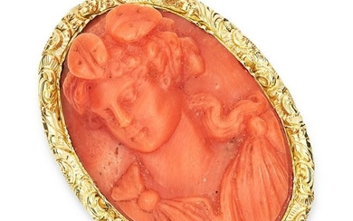 ANTIQUE CARVED CORAL CAMEO RING, 19TH CENTURY set with