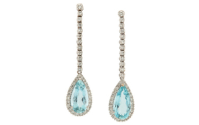 A pair of aquamarine and diamond pendent earrings...