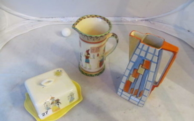 An Art Deco jug, Royal Doulton jug decorated Egyptian figures (a/f) and a Beswick cheese dish