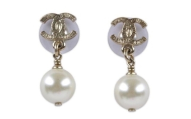 Chanel Pearl Drop Earrings, silver tone CC with faux