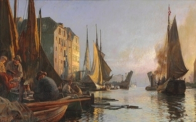 Christian Mølsted: The harbour at Knippelsbro in Copenhagen. Signed Chr. Mølsted. Oil on canvas. 75 x 120 cm.