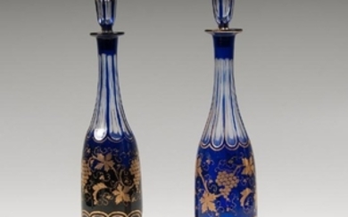 Pair Cobalt-to-Clear Gilt Decanters