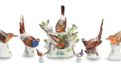 A collection of Meissen bird figures modelled as robins and pheasants