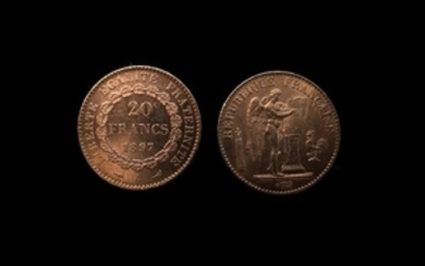 Deux pièces en or de 20 FF 1897 et 1893