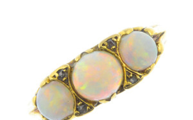 An early 20th century 18ct gold opal three-stone and diamond ring. View more details
