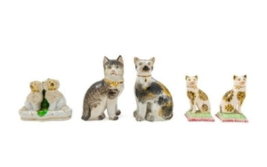 Five Porcelain Animalier Figures four cats and