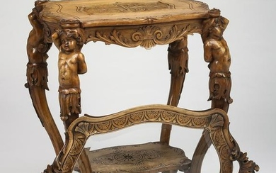 French carved walnut table with beveled glass tray
