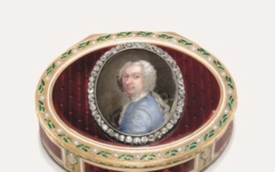 A GERMAN JEWELLED ENAMELLED GOLD SNUFF-BOX SET WITH AN ENAMEL MINIATURE, BY LES FRÈRES TOUSSAINT (FL. 1752-1803), MARKED, HANAU, CIRCA 1780, STRUCK WITH THE HANAU TOWN MARK FOR 19 CARAT GOLD, CROWNED LETTER K RESEMBLING THE PARISIAN DATE LETTER...