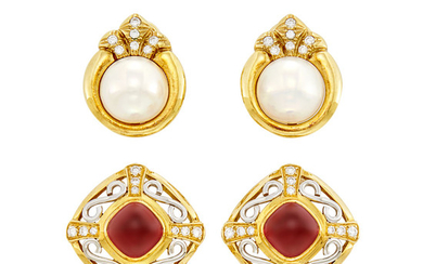 Pair of Gold, Platinum, Cabochon Garnet and Diamond Earclips and Pair of Gold, Mabé Pearl and Diamond Earclips