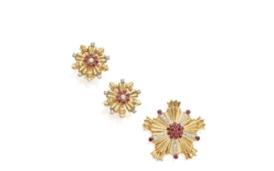 Gold, Ruby and Diamond Clip-Brooch and Pair of Earclips, Tiffany & Co.