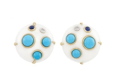 Pair of Gold, White Agate, Turquoise, Cabochon Sapphire and Diamond Earclips
