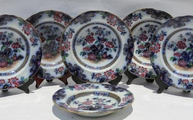 IRONSTONE ANTIQUE FLOW BLUE DINNER BOWL GROUPING