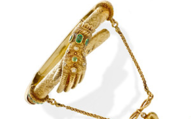 A late 19th century emerald, diamond and gold bangle,, circa 1890