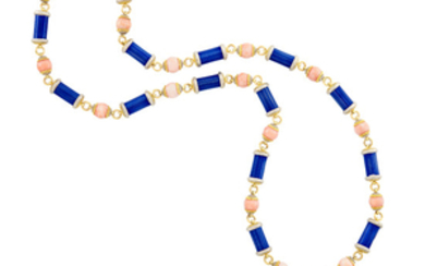 Long Two-Color Gold, Blue Guilloché Enamel, Angel Skin Coral, Sapphire, Ruby and Diamond Pendant-Necklace, Emil Meister for Cazzaniga