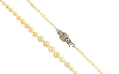 A natural pearl single-strand and diamond necklace.