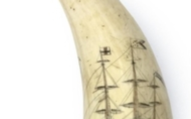 POLYCHROME SCRIMSHAW WHALE'S TOOTH WITH EAGLE AND SHIP PORTRAIT Probably Civil War era. Obverse depicts a spread-wing eagle, a banne..