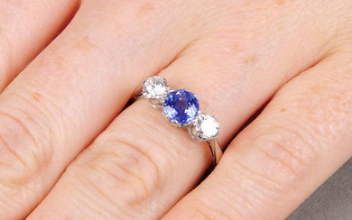 A sapphire and brilliant-cut diamond three-stone