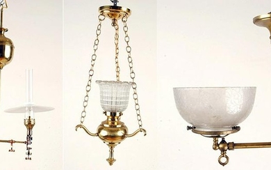 THREE BRASS GLASS LIGHTING FIXTURES C.1880-1950