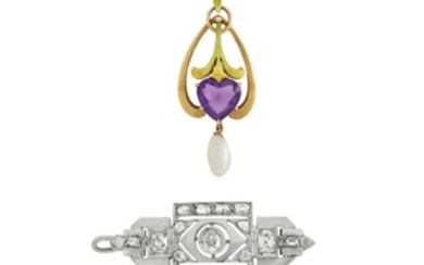 Two White Gold, Platinum and Diamond Pins and Art Nouveau Gold, Amethyst, Pearl and Enamel Pendant