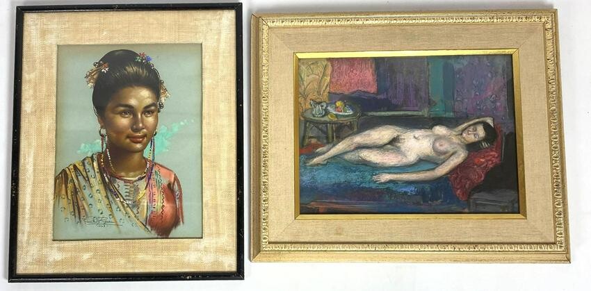 2pcs Paintings. Reclining nude signed PARAKIS and Poly