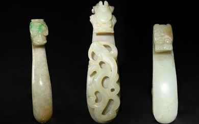 3 Chinese Jade/Jadeite Dragon Hooks, 18-19th Century