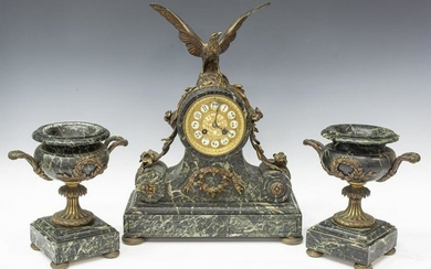 (3) FRENCH EMPIRE STYLE MARBLE CLOCK & GARNITURES