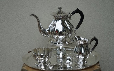 3-piece silver tea set on matching silver tray with stove - .835 silver - D. j. Aubert Den Haag - Netherlands - Second half 20th century