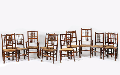 3376727. A SET OF TWELVE OAK EARLY 19TH CENTURY SPINDLE BACK CHAIRS.