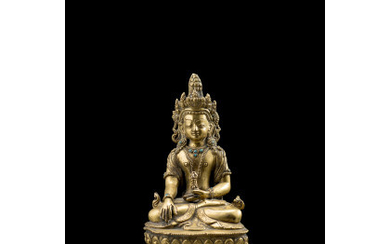 A gilt bronze figure of Buddha Akshobhya seated on a double lotus throne with his right hand in bhumisparsa mudra...