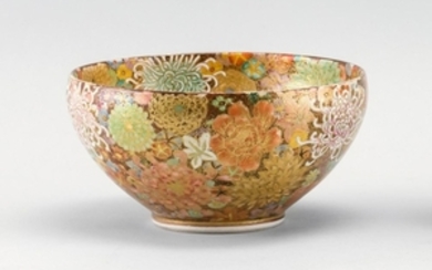 SATSUMA THOUSAND FLOWERS POTTERY BOWL Colorful chrysanthemum-filled ground on interior and exterior. Shimazu crest on base. Height 3...
