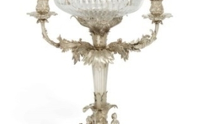 A WILLIAM IV SILVER CANDELABRUM CENTREPIECE, 'MARK OF EDWARD, EDWARD, JOHN AND WILLIAM BARNARD, LONDON, 1834, THE THREE SEATED FIGURES WITH MAKER'S MARK OF WILLIAM KER REID'.
