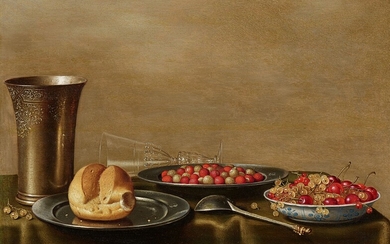 Floris van Schooten - Still Life upon a Dark Green Cloth with a Silver Cup, two Pewter Plates with Bread and Strawberries, a Wanli Porcelain Dish of Cherries and a Delicate Wine Glass à la façon de Venise