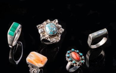 5 Silver Rings, Turquoise, MOP, Coral.