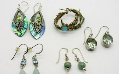 (5) Sterling Pierced Earrings, Green & Blue Gems