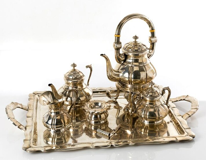 5-piece Spanish silver tea set and tray