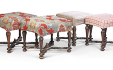 TWO PAIRS OF ANGLO-DUTCH BEECH STOOLS, 19TH CENTURY, INCORPORATING EARLIER ELEMENTS