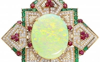 55027: Opal, Diamond, Ruby, Emerald, Gold Pendant The