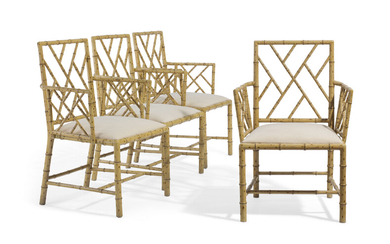 A SET OF FOUR REGENCY FAUX-BAMBOO PAINTED COCKPEN ARMCHAIRS, EARLY 19TH CENTURY