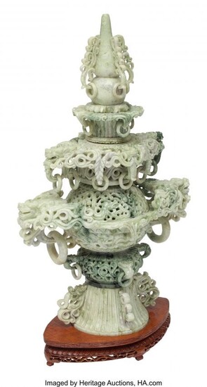 61027: A Chinese Carved Jadeite Censer on Stand 24 x 12