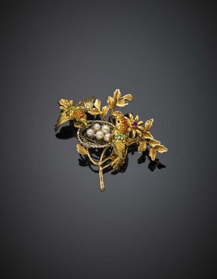 Yellow gold and polychrome enamel birds in the nest