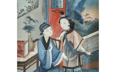 A Chinese reverse glass painting depicting two figures
