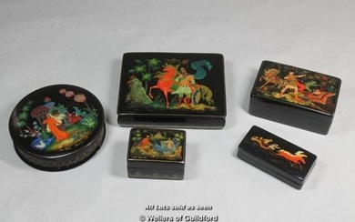 Four modern black lacquer boxes painted in the USSR; one slightly older example painted with horse drawn sleigh (5).