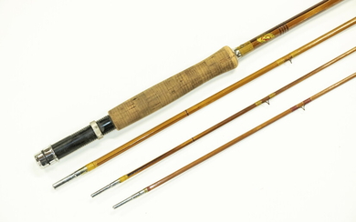 8 1/2' MONTAGUE 'RAPIDAN' FLY ROD, 3-SECTION, SPARE TIP, IN ORIGINAL BAG W/ FIBER TUBE AND LABEL