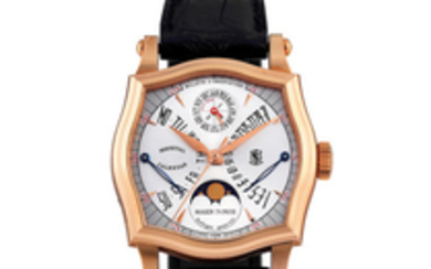 Roger Dubuis. A Limited Edition Pink Gold Perpetual Calendar Wristwatch with Moon-Phases and Leap Year Indication