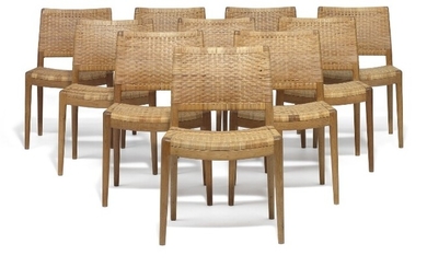 Hans J. Wegner: “JH 504”. A set of ten oak chairs. Seat and back with woven cane. Made by cabinetmaker Johannes Hansen. (10)