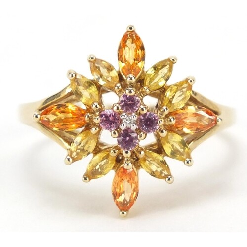 9ct gold multi gem ring, set with a central diamond, size U,...