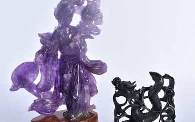 A 19TH CENTURY CHINESE CARVED AMETHYST FIGURE OF A FEMALE Late Qing, together with a stone carving o