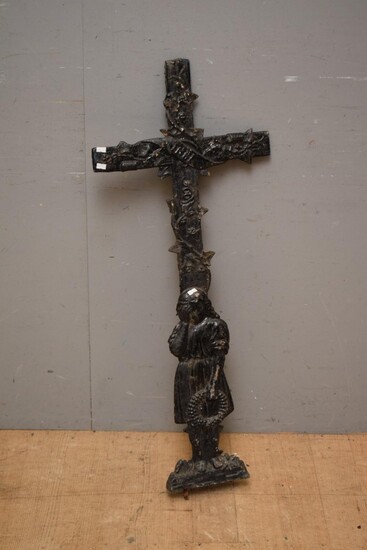 A 19TH CENTURY FRENCH CAST IRON CROSS WITH WEEPING FEMALE FIGURE TO BASE (106H x 43W CM) (PLEASE NOTE THIS HEAVY ITEM MUST BE REMOVE...