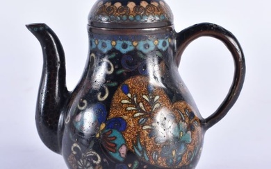 A 19TH CENTURY JAPANESE MEIJI PERIOD CLOISONNE ENAMEL TEAPOT AND COVER decorated with foliage. 9 cm