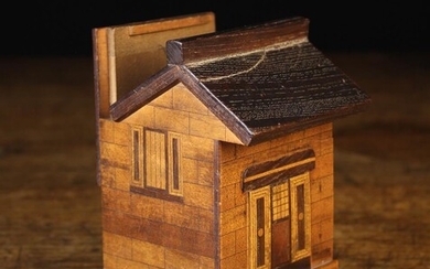 A 19th Century Treen Money Box in the form of a small brick-work building inlaid with marquetried wi